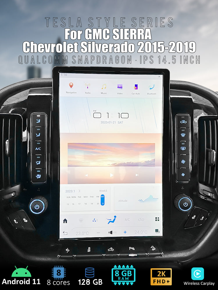 Tesla Android 11 14,5″ Autoradio GPS Navigation pour GMC SIERRA Chevrolet Silverado 2015-2019 Lecteur multimédia stéréo de voiture Vidéo de voiture