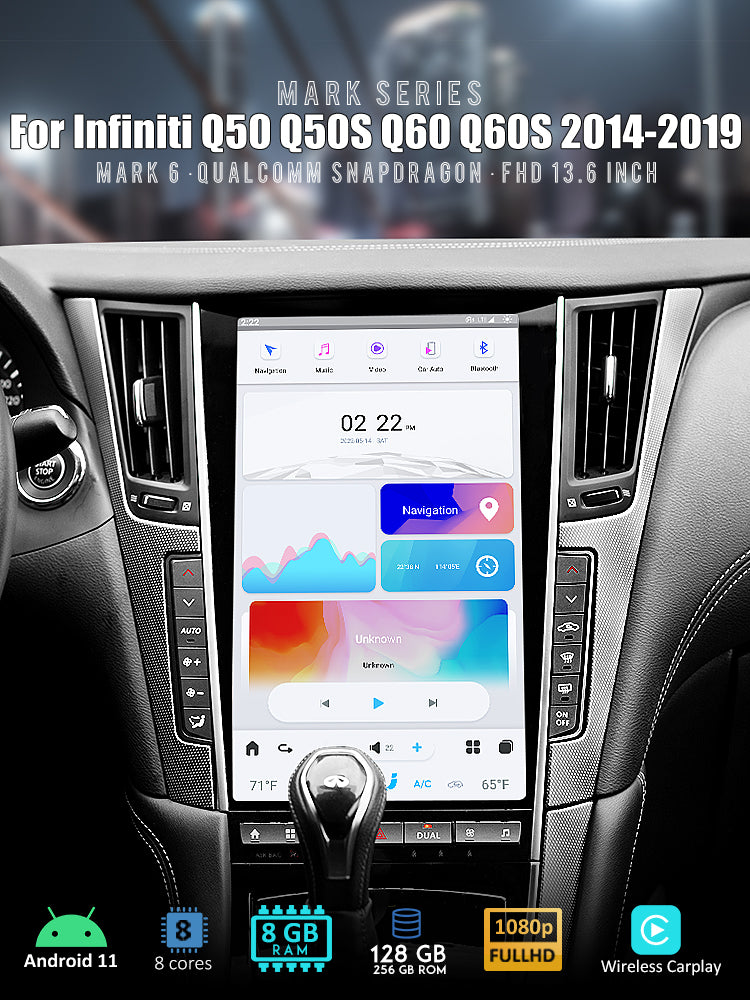 Tesla Android 11 13,6″ Autoradio GPS Navigation pour Infiniti Mark6 Q50 Q50L Q60 Q60L 2014-2019 Lecteur stéréo multimédia de voiture Vidéo de voiture