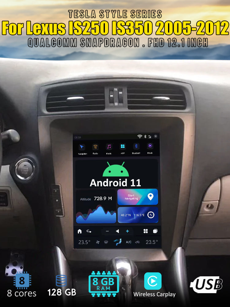 Tesla Style Android 11 12,1" Écran de navigation GPS de voiture pour LEXUS IS250 IS350 2005-2012 Radio Magnétophone Lecteur multimédia Headunit Autoradio