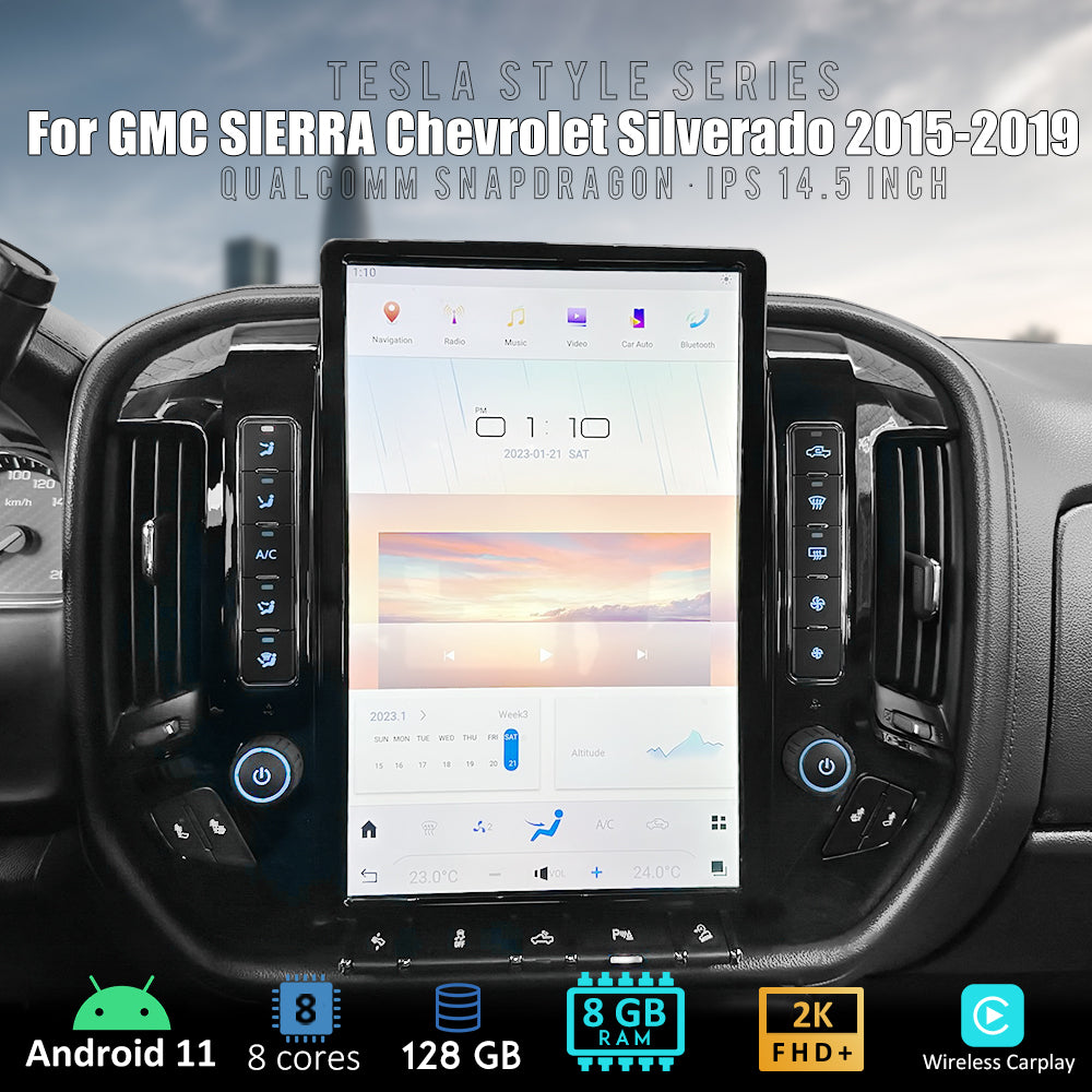 Tesla Android 11 14,5″ Autoradio GPS Navigation pour GMC SIERRA Chevrolet Silverado 2015-2019 Lecteur multimédia stéréo de voiture Vidéo de voiture