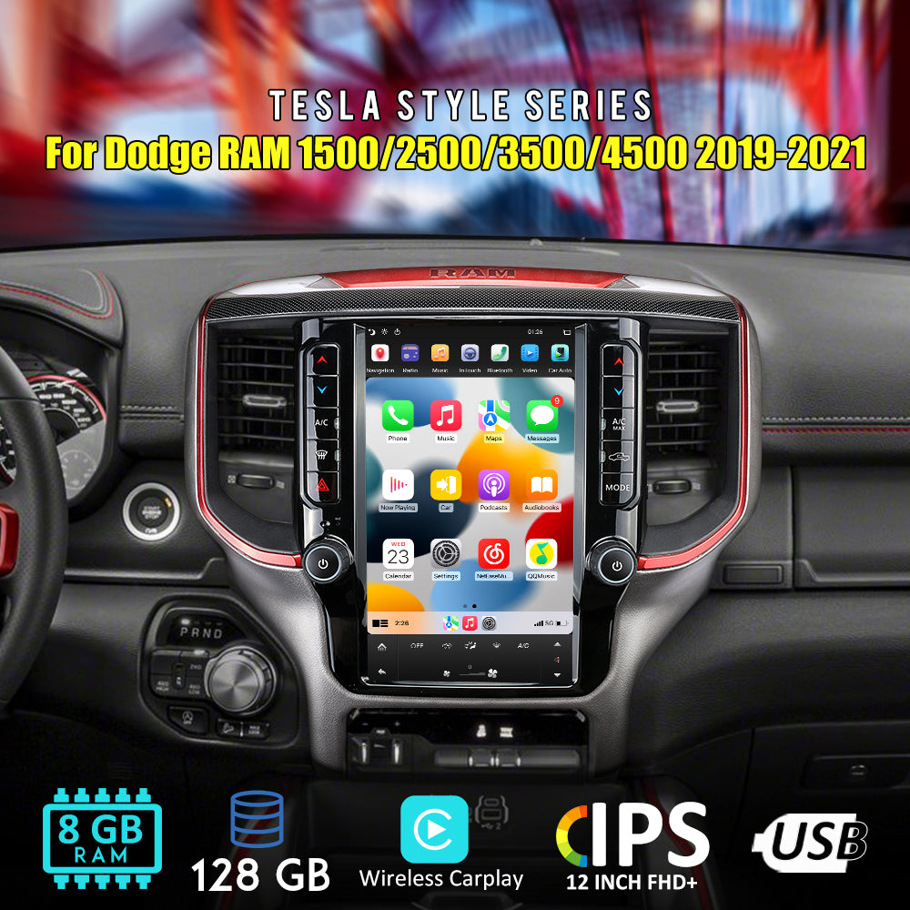 Tesla Android 11 12″ autoradio GPS Navigation pour Dodge RAM 1500/2500/3500/4500 2019-2021 lecteur stéréo multimédia de voiture vidéo de voiture