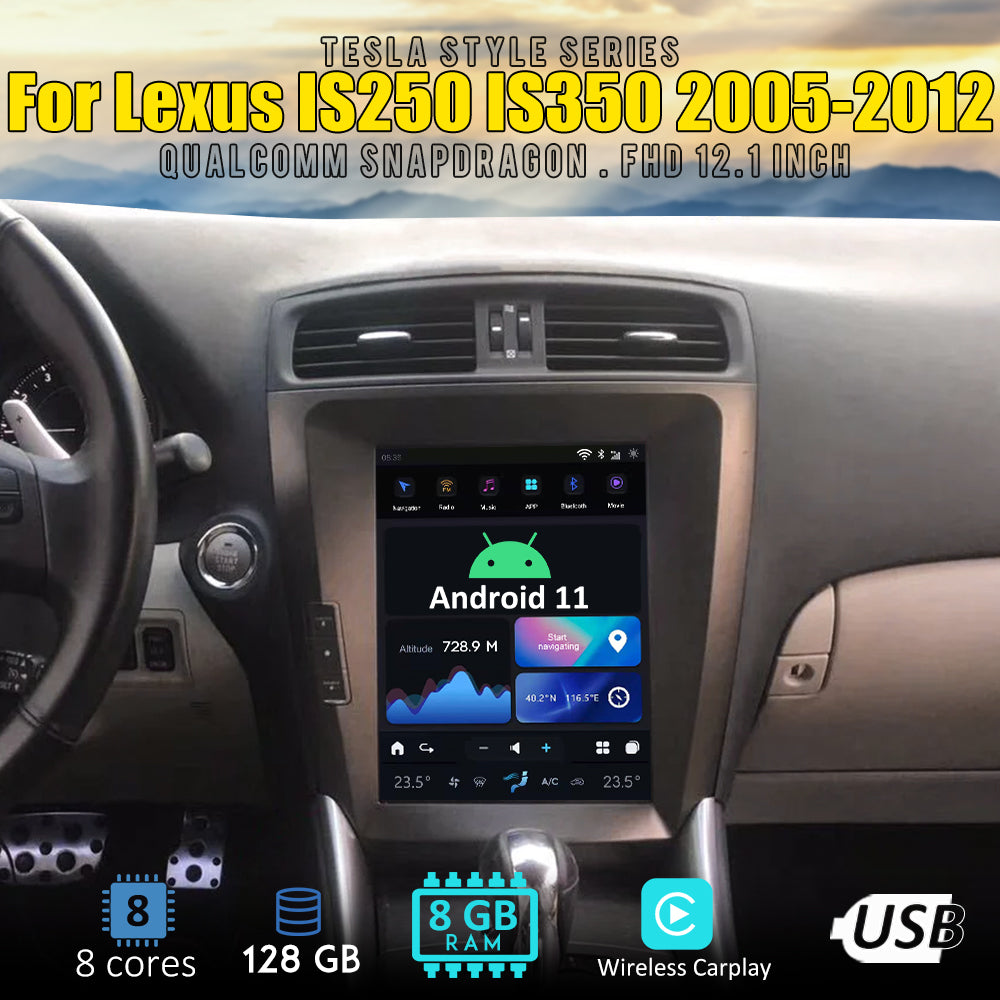 Tesla Style Android 11 12,1" Écran de navigation GPS de voiture pour LEXUS IS250 IS350 2005-2012 Radio Magnétophone Lecteur multimédia Headunit Autoradio