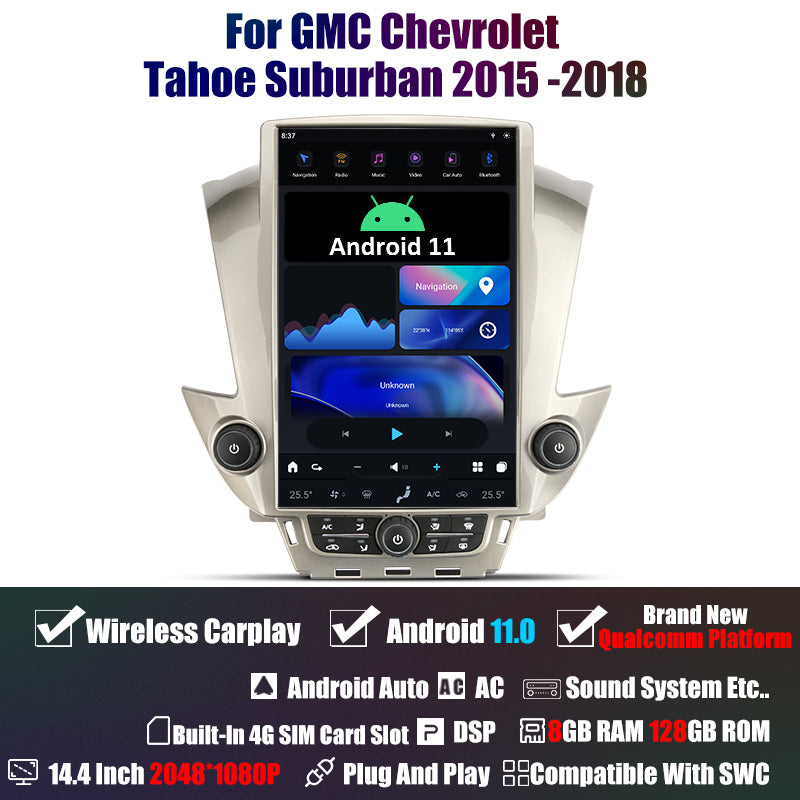 Tesla Android 11 14.4″ Autoradio GPS Navigation Pour GMC Chevrolet Tahoe Suburban 2015-2018 Lecteur multimédia stéréo de voiture Vidéo de voiture