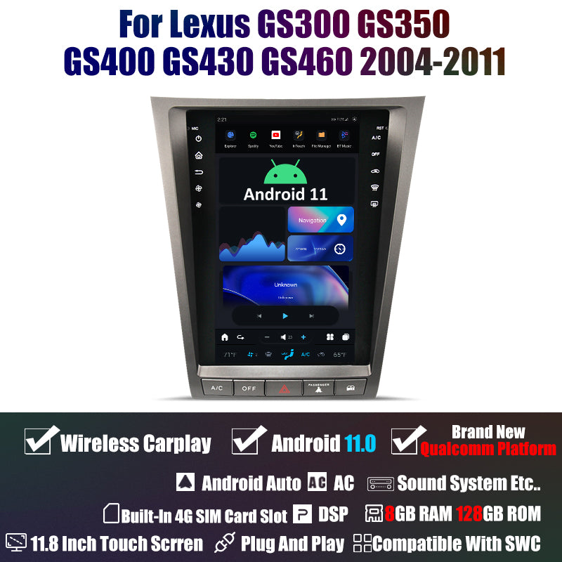 Tesla Style 11,8" Android 11 Navigation GPS de voiture pour Lexus GS GS200 GS300 GS350 GS450 GS460 2004-2011 Unité principale Lecteur multimédia Magnétophone