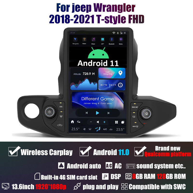 Tesla Android 11 13,6 pouces Autoradio GPS Navigation Android Unité principale pour Jeep Wrangler/gladiator 2018-2021 Lecteur multimédia stéréo de voiture Vidéo de voiture