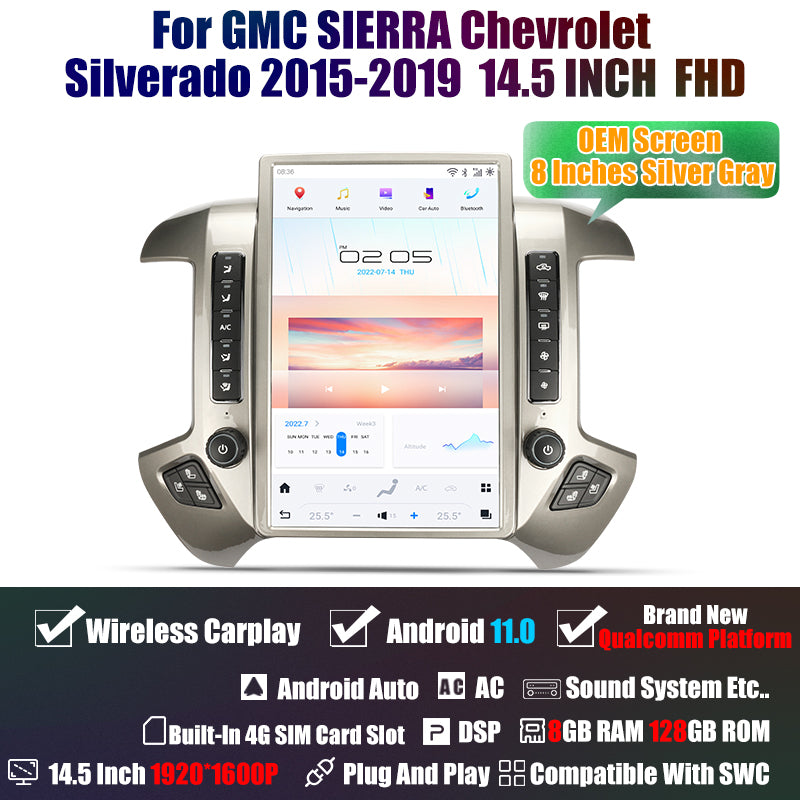 Tesla Android 11 14,5″ Autoradio GPS Navigation pour GMC SIERRA Chevrolet Silverado 2015-2019 Lecteur multimédia stéréo de voiture Vidéo de voiture